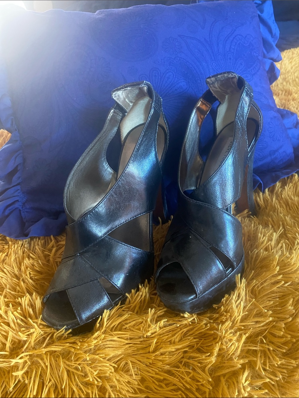 Steve Madden Black Leather Crisscross Peep-Toe Heels